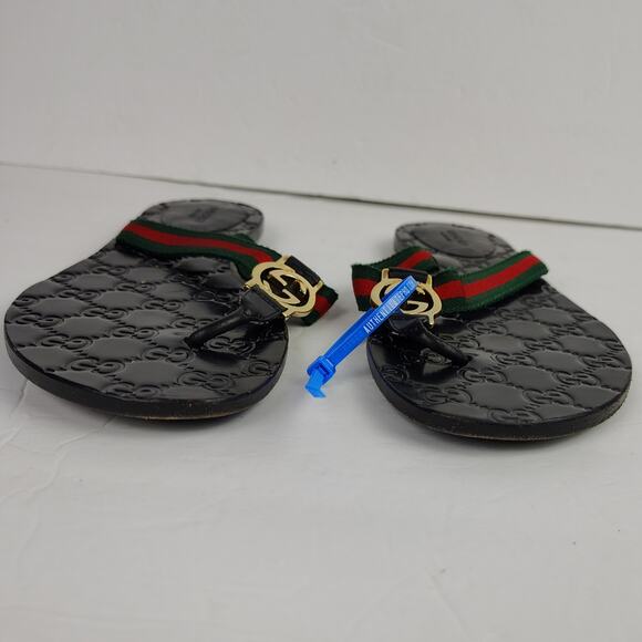 Gucci Interlocking GG Thong Sandal EU 38 Black Leather Flat Flip Flop Slide - Picture 4 of 15